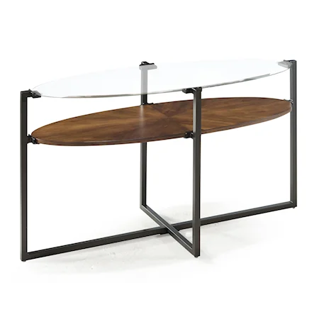 Oval Sofa Table with Floating Glass Top and Galvanized Metal Accents